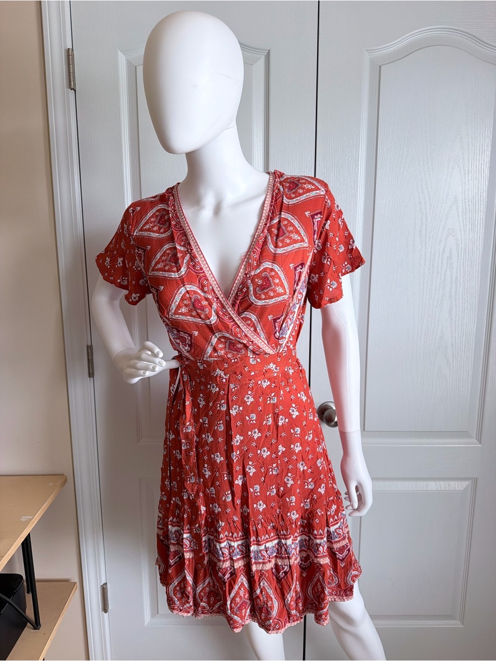 New Bohemian Dark Orange Floral Wrap V-Neck Mini Dress with Tie Waist Size S